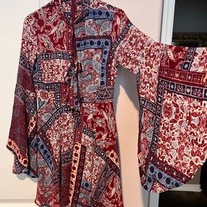 Romeo & Juliet Couture Boho Print Dress - Size Small - Burgundy and Blue Print